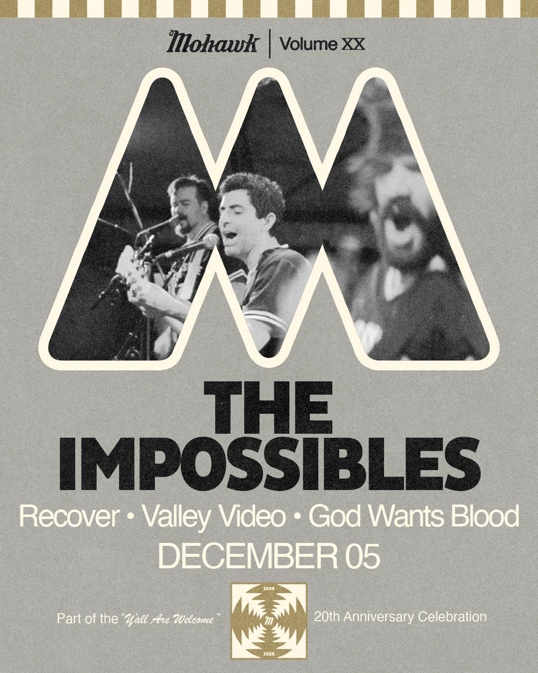 Flyer for The Impossibles, Recover, Valley Video, and God Wants Blood at Mohawk on December 5, 2026