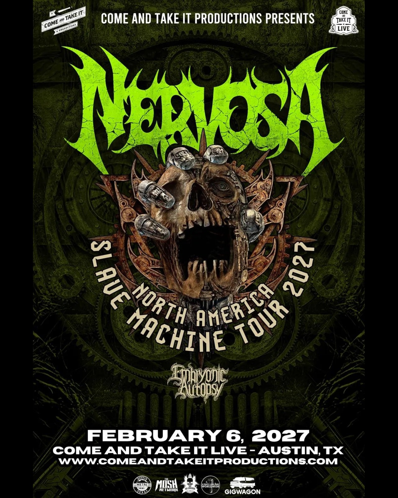 Flyer for NERVOSA – Austin at Come And Take It Live on February 6, 2027