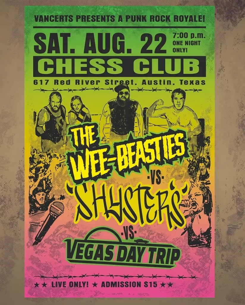 Flyer for VanCerts Punk Rock Royale: The Wee-Beasties, Shysters, and Vegas Day Trip at Chess Club on August 22, 2026