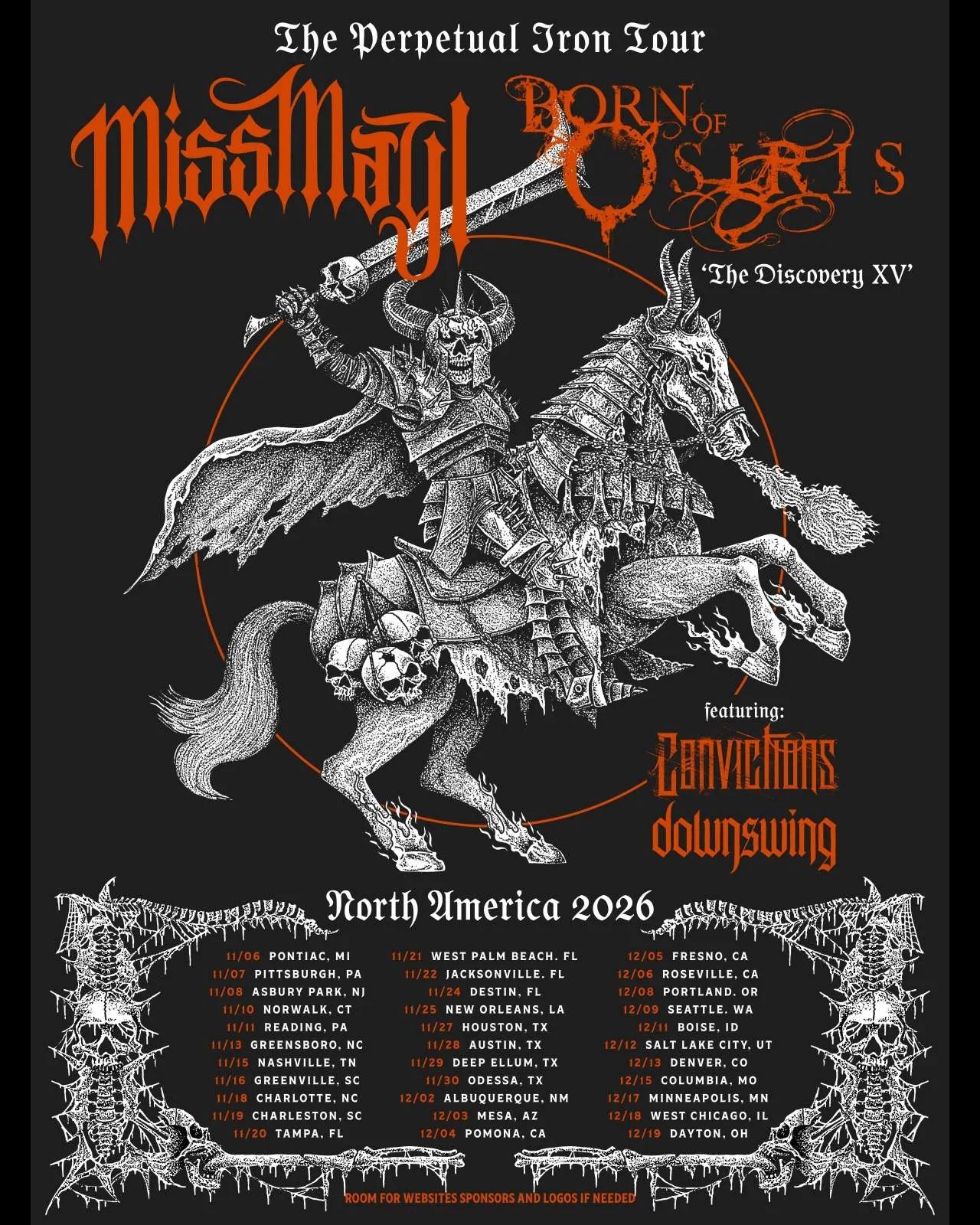 Flyer for MISS MAY I and BORN OF OSIRIS: The Perpetual Iron Tour at Come And Take It Live on November 28, 2026
