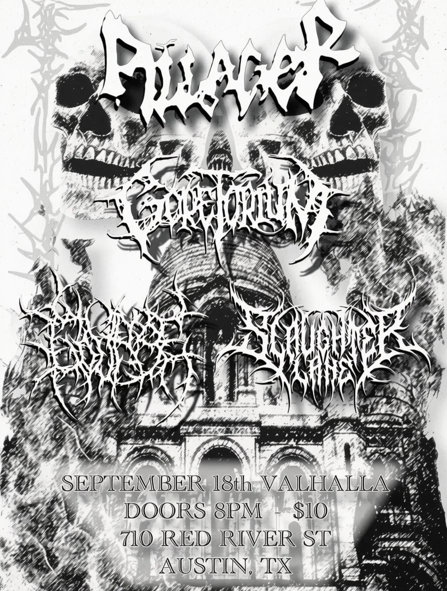 Flyer for Goretorium, Gourge, Pillager, Slaughter Lane at Valhalla on September 18, 2026