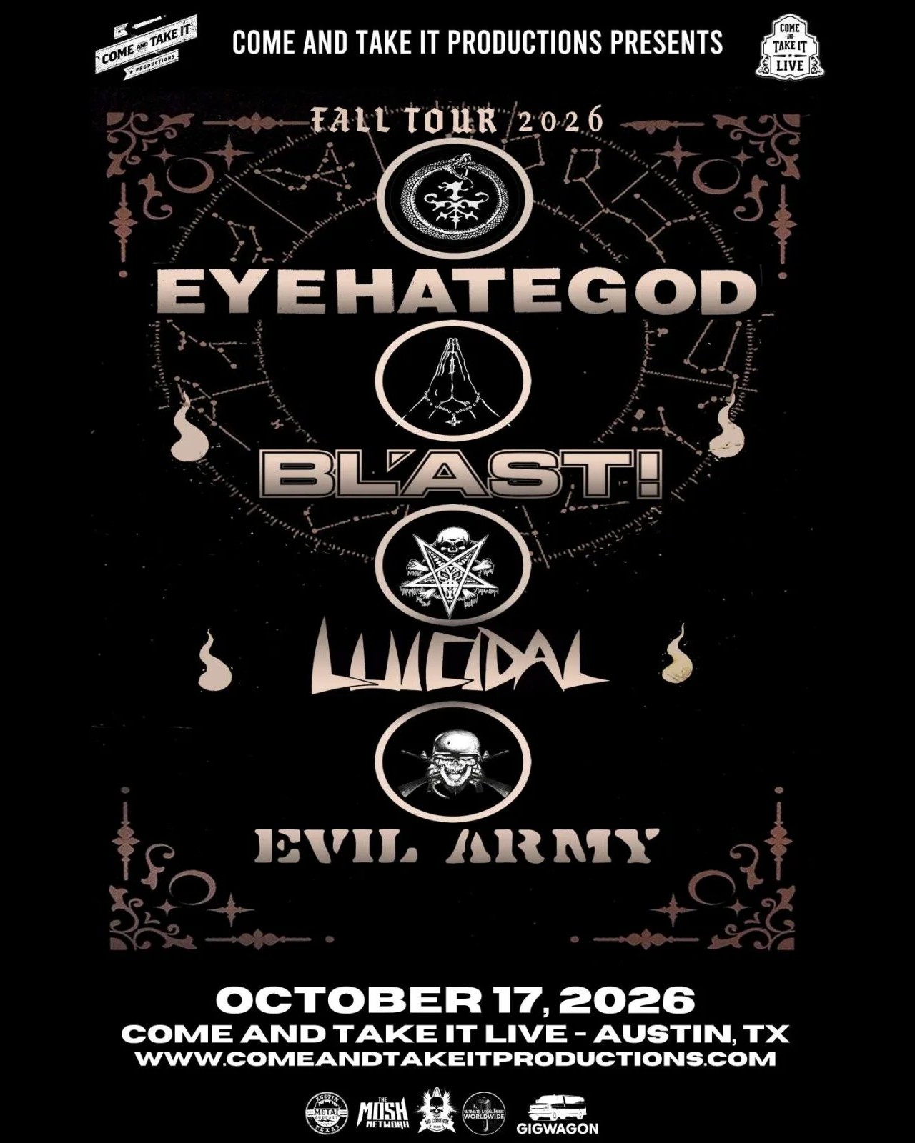 Flyer for EYEHATEGOD – Austin at Come And Take It Live on October 17, 2026