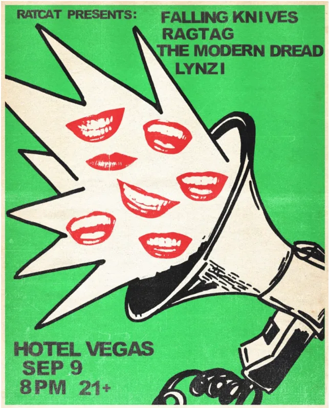 Flyer for Falling Knives, Ragtag, The Modern Dread, and Lynzi at Hotel Vegas on September 9, 2026