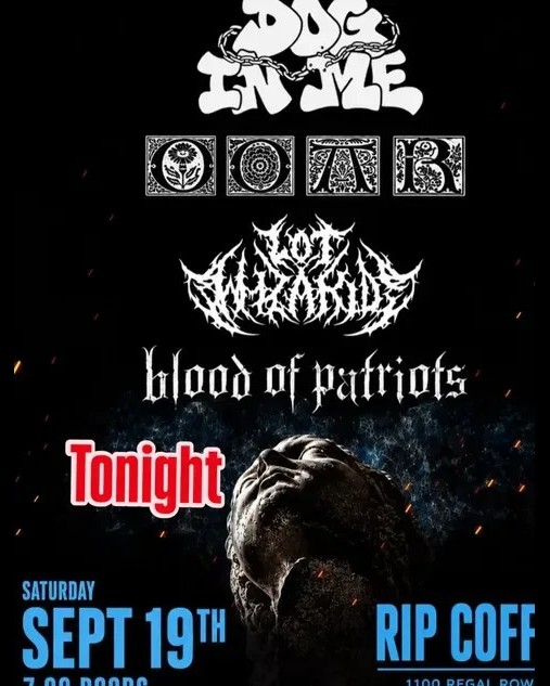 Flyer for Dog In Me, OOAB, Wrong Step, and Blood of Patriots at RIP Coffee in Austin on September 19, 2026