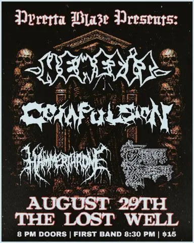 Flyer for Nemesis, Compulsion, Hammerthrone, and Thru the Ashes at The Lost Well on August 29, 2026