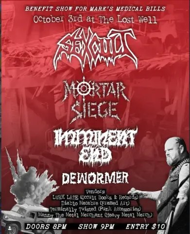 Flyer for Sexcult, Mortar Siege, Imminent End, and Dewormer at The Lost Well on October 3, 2026
